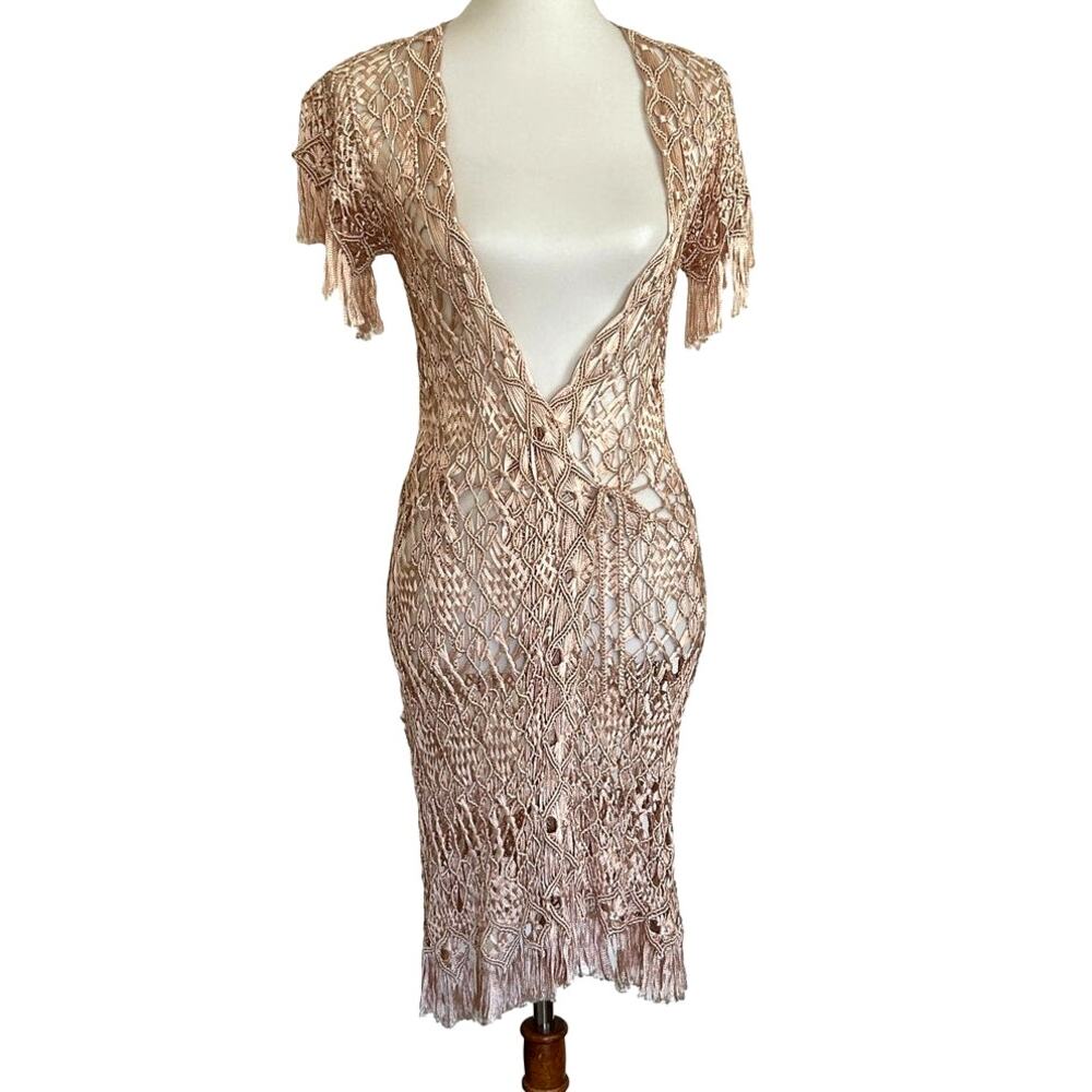Kate Moss Topshop 2007 Debut Collection Pink Crochet Fringe Duster Wrap Dress S